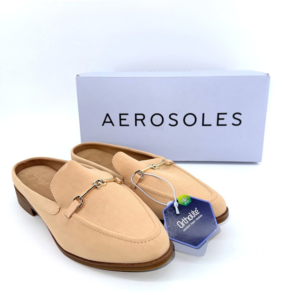 NEW Aerosoles Erik Tailored Mule Womens 9W Beige Bisque Tan Gold Horsebit SlipOn